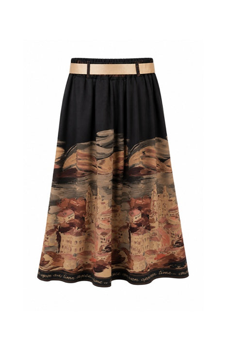 Jupe in Wildleder Optik schwarz mit Print von Häuserfronten beige/braun - One Size