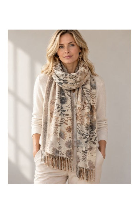 Schal Viskose beige mit Blumenmuster braun/blau/grau/multicolor 65x180cm