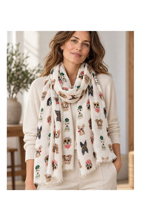 Schal Viskose offwhite mit Hundeköpfen teils mit Sonnenbrillen braun/gelb/rot/multicolor 85x180cm