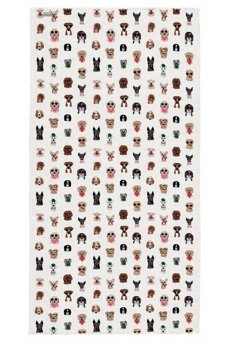 Schal Viskose offwhite mit Hundeköpfen teils mit Sonnenbrillen braun/gelb/rot/multicolor 85x180cm