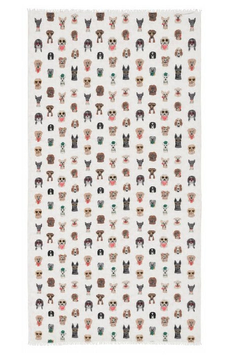Schal Viskose offwhite mit Hundeköpfen teils mit Sonnenbrillen braun/gelb/rot/multicolor 85x180cm