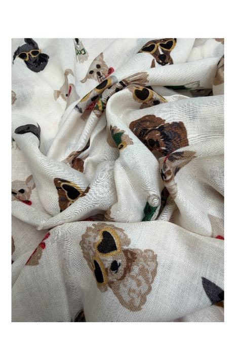 Schal Viskose offwhite mit Hundeköpfen teils mit Sonnenbrillen braun/gelb/rot/multicolor 85x180cm