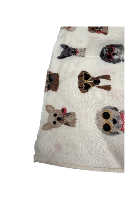Schal Viskose offwhite mit Hundeköpfen teils mit Sonnenbrillen braun/gelb/rot/multicolor 85x180cm