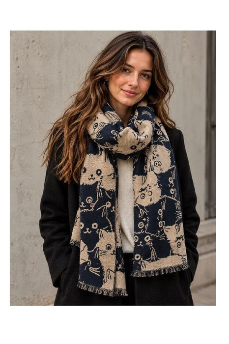 Schal Viskose Katzengesichter dunkelblau/beige 65x190cm