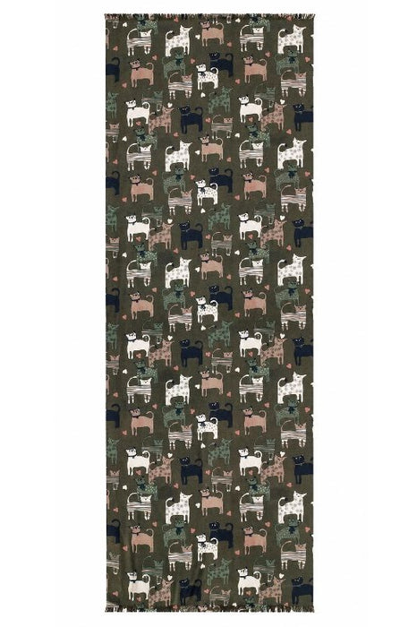 Schal Viskose olivegrün Katzen stehend multicolor 75x190cm