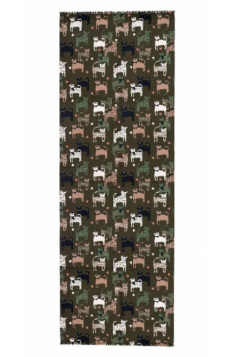 Schal Viskose olivegrün Katzen stehend multicolor 75x190cm