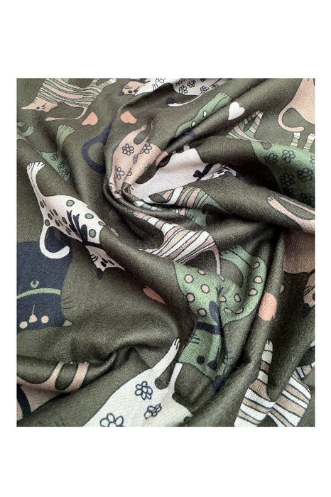 Schal Viskose olivegrün Katzen stehend multicolor 75x190cm