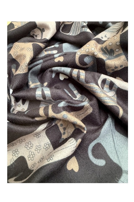 Schal Viskose schwarz Katzen stehend blau/hellbraun/multicolor 75x190cm