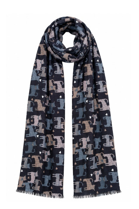 Schal Viskose schwarz Katzen stehend blau/hellbraun/multicolor 75x190cm