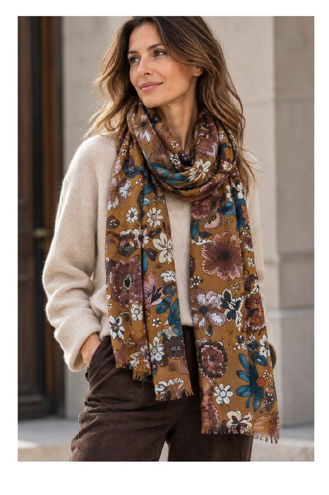 Schal Viskose caramel Blumenmuster weiss/blau/rosa/multicolor 75x180cm