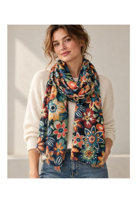Schal Viskose navyblau mit Blumen gelb/grün/hellblau/multicolor 75x190cm