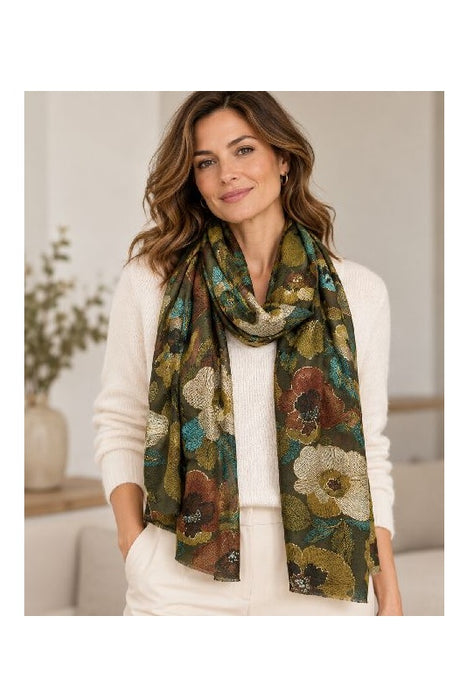 Schal Viskose olivegrün mit Blumenmotiv rostrot/beige/grün/multicolor 70x190cm