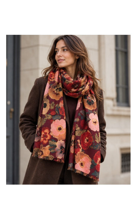 Schal Viskose bordeaux Blumenmotiv rosa/gelb/dunkelrot/multicolor 70x190cm