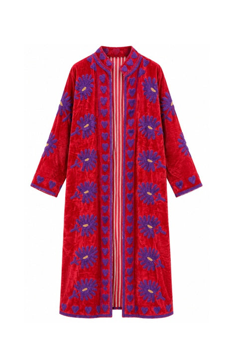 Mantel Samt rot mit Suzani Stickereien lila - One Size