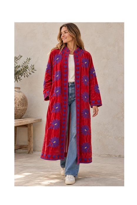 Mantel Samt rot mit Suzani Stickereien lila - One Size