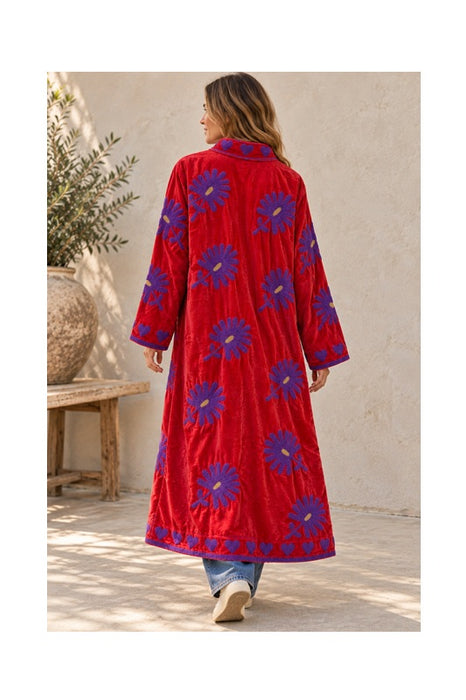 Mantel Samt rot mit Suzani Stickereien lila - One Size