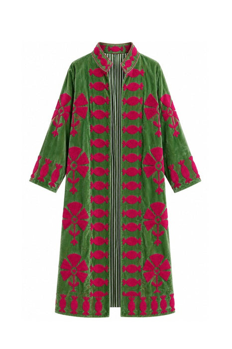 Manteau en velours vert avec broderies suzani rouges - Taille unique