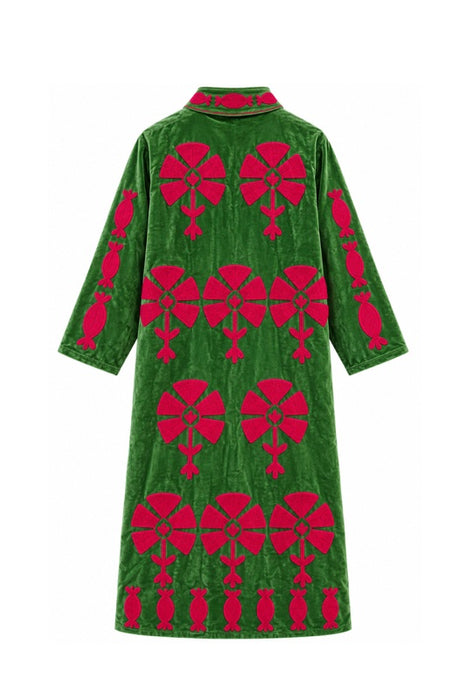 Manteau en velours vert avec broderies suzani rouges - Taille unique
