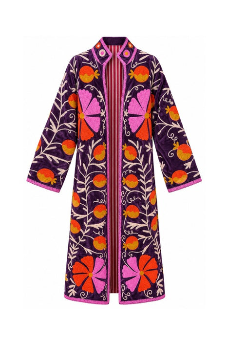 Violet velvet coat with orange/red/pink Suzani embroidery - One Size