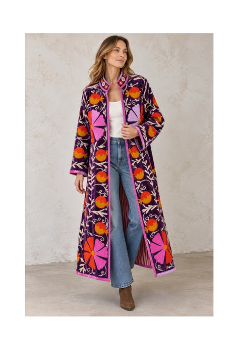 Violet velvet coat with orange/red/pink Suzani embroidery - One Size