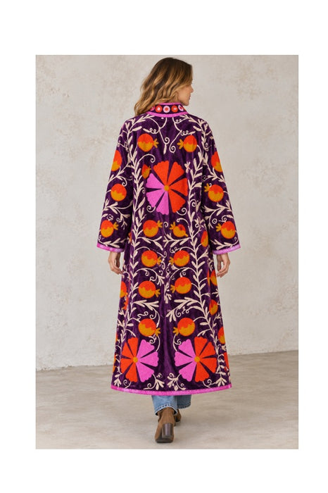 Violet velvet coat with orange/red/pink Suzani embroidery - One Size