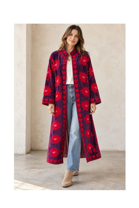 Mantel Samt violett mit Suzani Stickereien rot/rosa - One Size