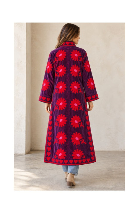 Mantel Samt violett mit Suzani Stickereien rot/rosa - One Size
