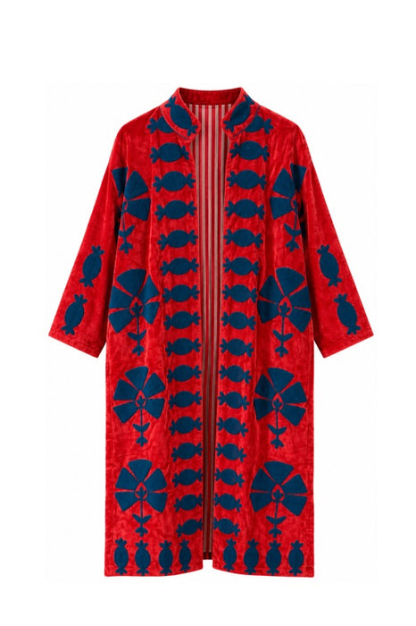 Mantel Samt rot mit Suzani Stickereien blau - One Size