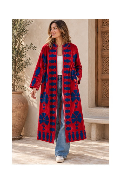 Mantel Samt rot mit Suzani Stickereien blau - One Size
