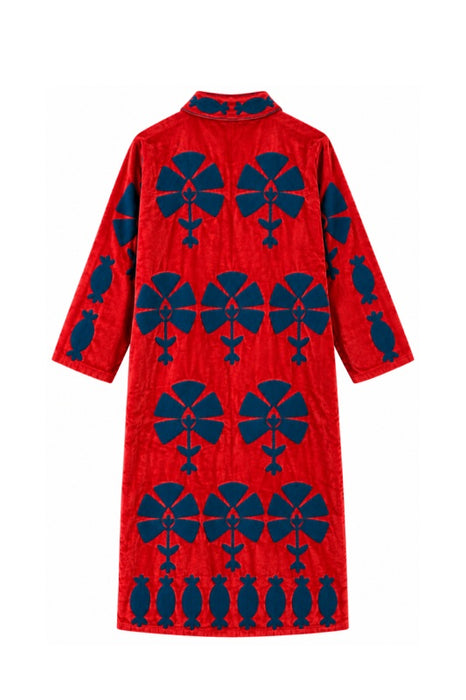 Mantel Samt rot mit Suzani Stickereien blau - One Size