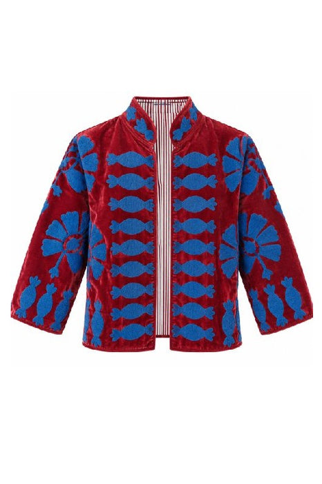 Veste courte en velours bordeaux avec broderies souzani bleues - Taille unique