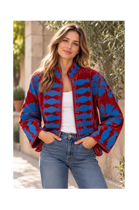 Veste courte en velours bordeaux avec broderies souzani bleues - Taille unique