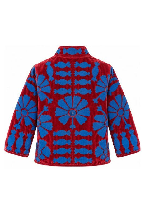 Veste courte en velours bordeaux avec broderies souzani bleues - Taille unique