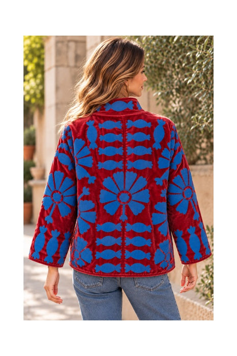 Veste courte en velours bordeaux avec broderies souzani bleues - Taille unique