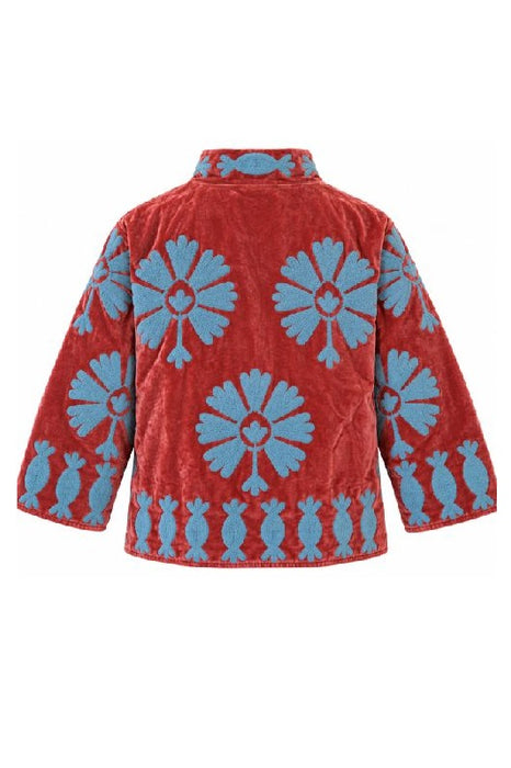 Jacke kurz Samt rostrot mit Suzani Stickereien hellblau - One Size