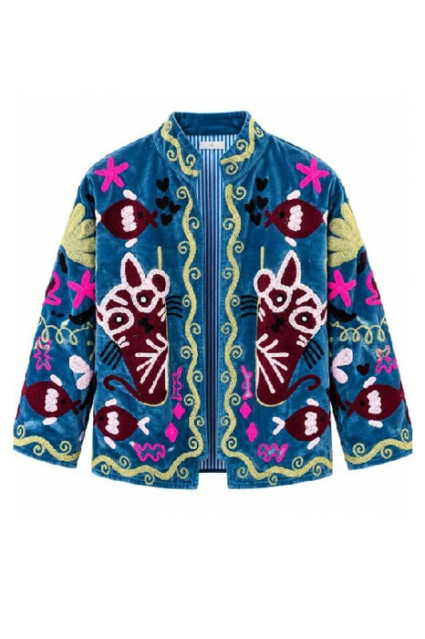 Veste courte en velours bleu avec broderies souzani chat multicolore - Taille unique