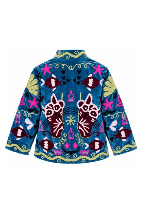 Veste courte en velours bleu avec broderies souzani chat multicolore - Taille unique