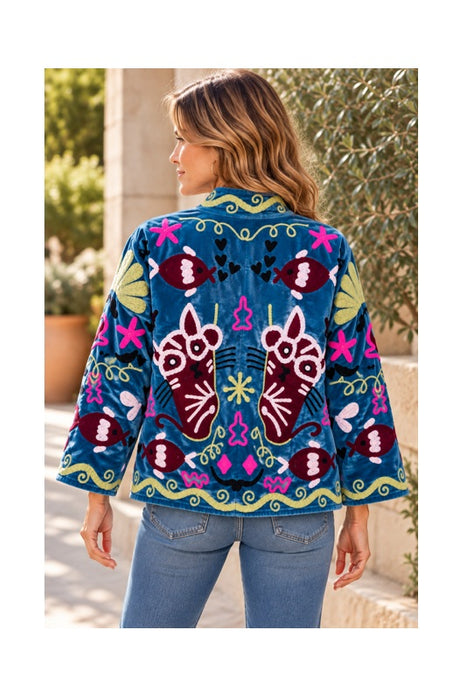 Veste courte en velours bleu avec broderies souzani chat multicolore - Taille unique