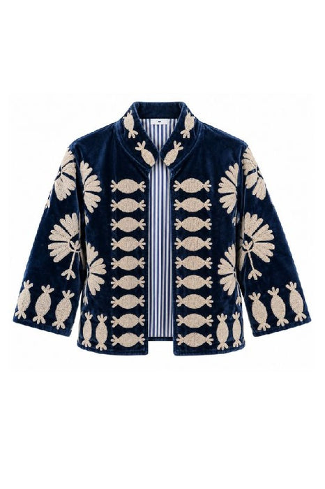 Veste courte en velours bleu foncé avec broderies suzani beiges - Taille unique