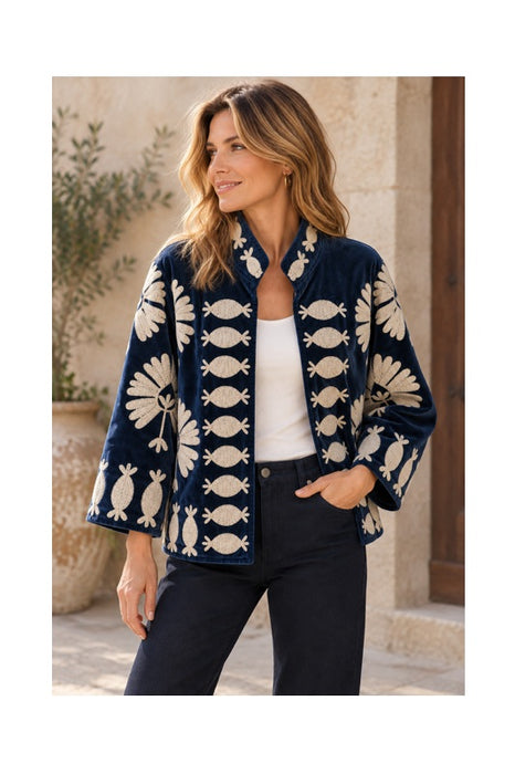 Veste courte en velours bleu foncé avec broderies suzani beiges - Taille unique