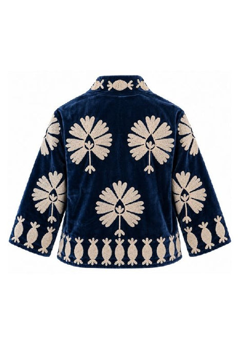 Veste courte en velours bleu foncé avec broderies suzani beiges - Taille unique