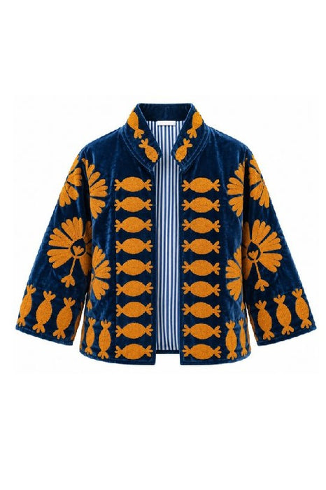 Jacke kurz Samt dunkelblau mit Suzani Stickereien ocker - One Size