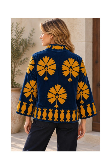 Jacke kurz Samt dunkelblau mit Suzani Stickereien ocker - One Size