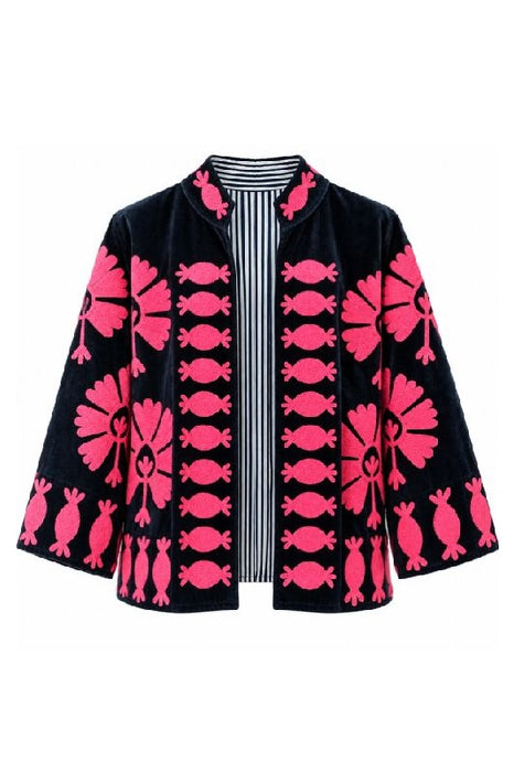 Jacke kurz Samt schwarz mit Suzani Stickereien pink - One Size