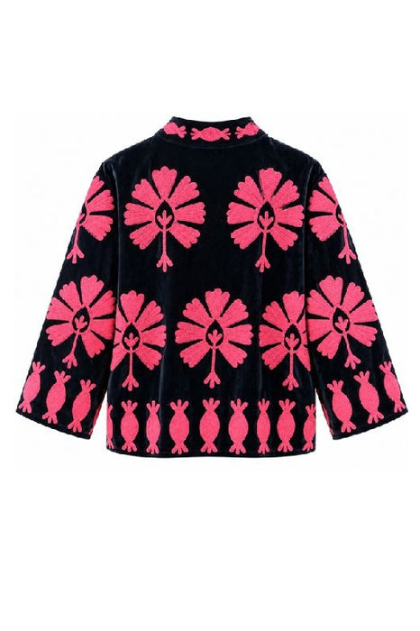 Jacke kurz Samt schwarz mit Suzani Stickereien pink - One Size