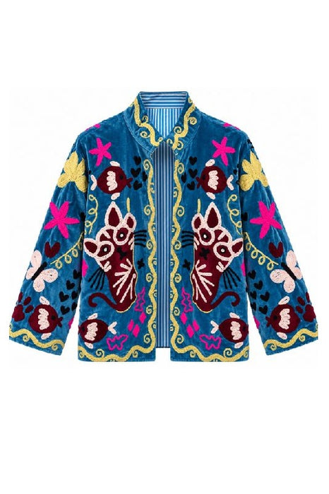 Short blue velvet jacket with Suzani embroidery, multicolored cat - One Size