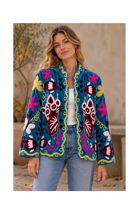 Short blue velvet jacket with Suzani embroidery, multicolored cat - One Size