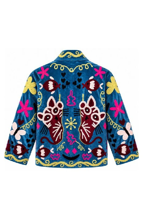 Short blue velvet jacket with Suzani embroidery, multicolored cat - One Size