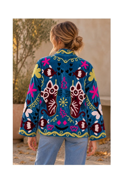 Short blue velvet jacket with Suzani embroidery, multicolored cat - One Size