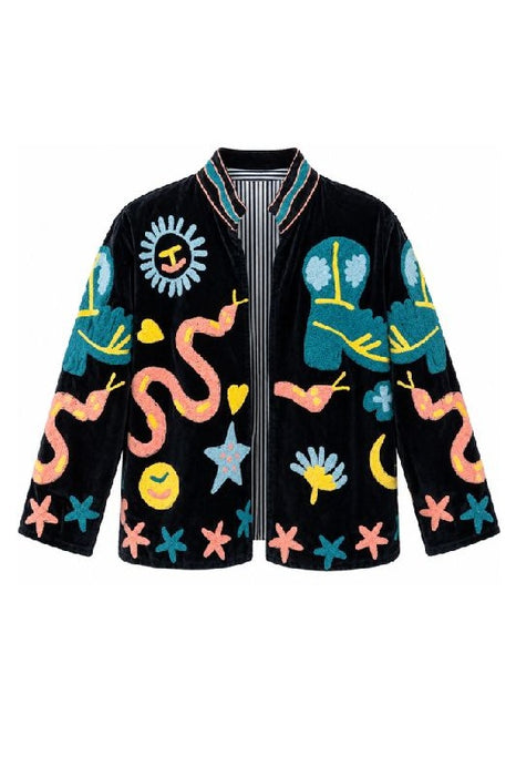 Veste courte en velours noir avec broderies souzaini pétrole/abricot/jaune - Taille unique